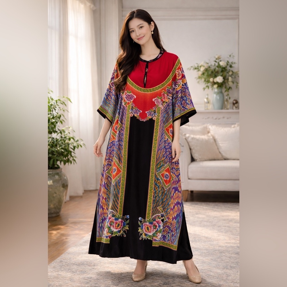 Vibrant Kraton Mas Indonesian kaftan Maxi Dress Resort Wear Loungewear OS